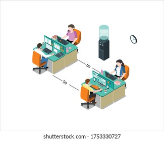 Social Distances Of New Normal Workspaces In The Office Space Between Work Stations People Working With Computers, Smartphones And Tablets Maintaining Social Distances Of 1 M. To Be Safe From Covid-19