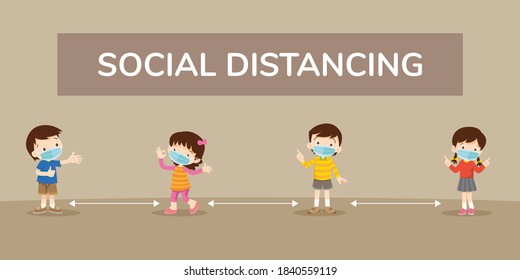 social distance,Space for safety,children boy and girl wearing surgical or medical face mask