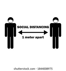 Social Distancing 1 Meter Apart Stick Figure with Mask. Illustration arrow depicting social distancing guidelines and rules during covid-19. EPS Vector