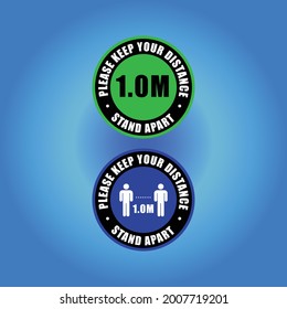 Social distancing 1.0 metre distance apart floor decal for Coronavirus Covid-19 outbreak pandemic quarantine. Isolated vector. Please queue 1.0 metre apart from other people with feet footsteps icon. 