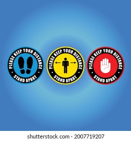 Social distancing 1.0 metre distance apart floor decal for Coronavirus Covid-19 outbreak pandemic quarantine. Isolated vector. Please queue 1.0 metre apart from other people with feet footsteps icon. 