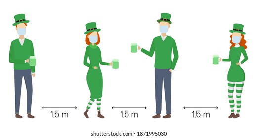 Social distancing 1.5 meters on St. Patrick's Day. Poster. Vector illustration.
