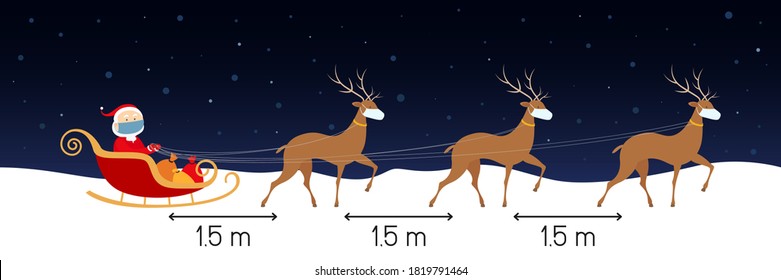 Distancia social de 1,5 metros. Santa y los renos con máscaras faciales. Ilustración vectorial. 