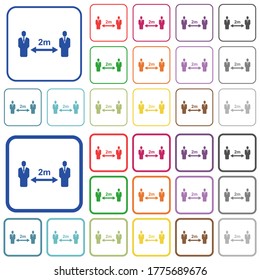 Social distancing 2 meters color flat icons in rounded square frames. Thin and thick versions included.