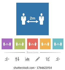 Social distancing 2 meters flat white icons in square backgrounds. 6 bonus icons included.