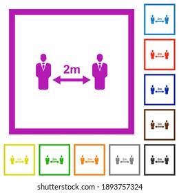 Social distancing 2 meters flat color icons in square frames on white background