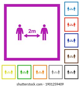 Social distancing 2 meters flat color icons in square frames on white background