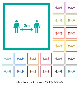 Social distancing 2 meters flat color icons with quadrant frames on white background