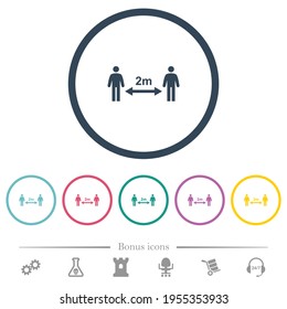 Social distancing 2 meters flat color icons in round outlines. 6 bonus icons included.