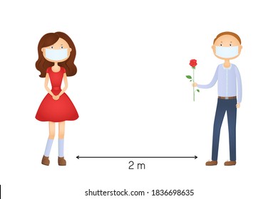 Social distancing 2 meters. Valentines Day 2021. Vector illustration.