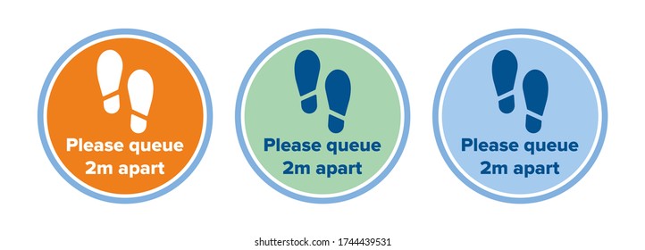 Distancia social a 2 metros de distancia de la calcomanía del piso para la cuarentena pandémica del brote de Coronavirus Covid-19. Por favor, haga cola a 2m aparte de otras personas con un icono de pasos de pies