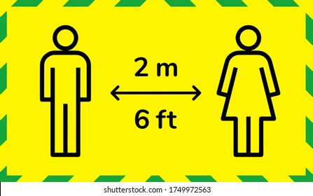Social Distancing 2m metre distance 6ft feet graphic sign or sticker for Coronavirus Covid-19 pandemic epidemic quarantine. Printable and editable for use in shops, cafe, restaurant, public spaces etc