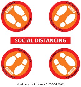 Social distancing for 4 people elevator (Lift). Vector of footprint sign red color with text keep your distance.  Protection from Covid-19, Coronavirus outbreak spreading concept.