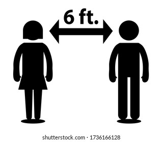 Social Distancing 6 Feet Away Info Graphic Icon. Black Man And Woman Keep 6 Ft Distance With White Background Vector Image.