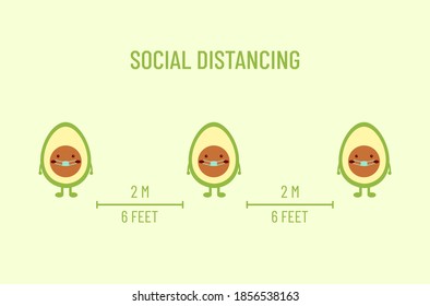 Social distancing 6 feet concept. Keeping social distance to prevent the spread of disease. Wearing a mask to prevent the spread of the disease. Avocado icon.