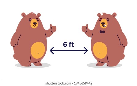 Social distancing 6 feet - coronavirus COVID-19 prevention. Keep a safe distance 6 ft in public places - cartoon vector illustrations with two happy smiling bears white background