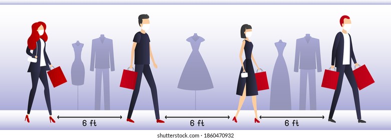 Social distancing 6 feet in mall. Poster. Vector illustration.