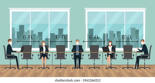 Social Distancing 6 Feet In Office. Employees Working In Masks. Vector Illustration.