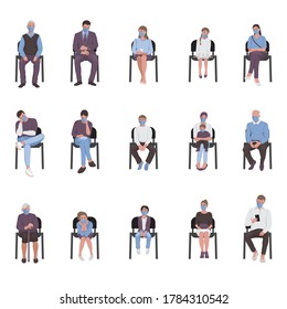 Social distancing of adults and children sitting on chairs i and waiting in the queue