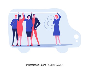 Social distancing advice - flat design style illustration. Coronavirus protective measures, recommendation, avoid public transport idea. Cartoon characters, men and women and sneezing girl in the bus