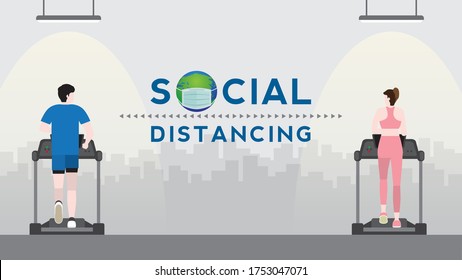 Social distancing after pandemic of covid-19 corona virus. New normal is stay apart and personal distance. Post quarantine. Couple running and jogging on treadmill in fitness center. 