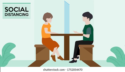 Social distancing after un-lockdown concept, Flat vector isolated design of friends are talking while waiting for food at the restaurant with barrier on table for separate them