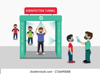 Social Distancing Along With Disinfection Tunnel And Thermal Scanning Cartoon Vector Illustration.