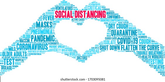 Social Distancing animated word cloud on a white background. 