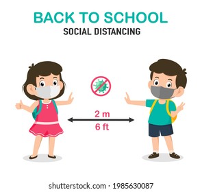 Social distancing for back to school new normal concept. Cute little student kids wearing face mask and social distancing protect coronavirus covid 19. vector illustration.