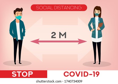 Social distancing banner. Doctor in mask. Stop coronavirus.COVID-19. People wearing mask. People in medical protective mask. Web banner. Social media resource. Quarantine. Banners and headers for site