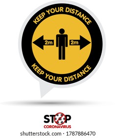Social distancing banner. Keep the 2 meter distance. Warning sign for public places COVID-19 concept. An information banner for greeting customers, for business, opening a store, cafe, restaurant