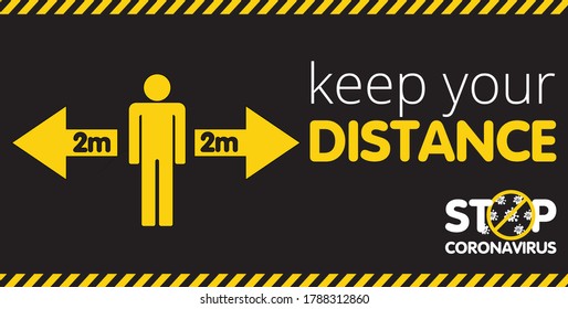 Social distancing banner. Keep the 2 meter distance. Warning sign for public places COVID-19 concept. An information banner for greeting customers, for business, opening a store, cafe, restaurant