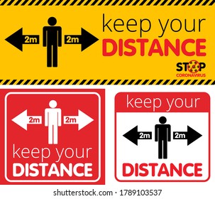 Social distancing banner. Keep the 2 meter distance. Warning sign for public places COVID-19 concept. An information banner for greeting customers, for business, opening a store, cafe, restaurant
