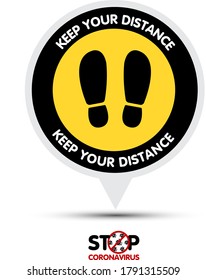 Cartel de distanciamiento social. Por favor, espere aquí. Un banner informativo para saludar a los clientes, negocios, abrir una tienda, cafetería, tiendas, restaurantes. Firma para lugares públicos COVID-19