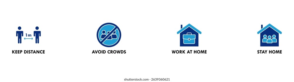 Social distancing banner web icon vector illustration concept with icon of keep distance, avoid crowds, work at home and stay home