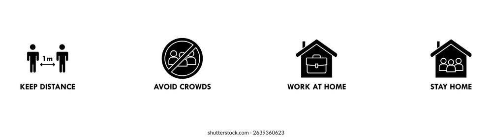 Social distancing banner web icon vector illustration concept with icon of keep distance, avoid crowds, work at home and stay home