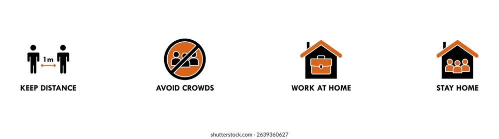 Social distancing banner web icon vector illustration concept with icon of keep distance, avoid crowds, work at home and stay home