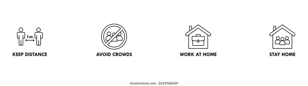 Social distancing banner web icon vector illustration concept with icon of keep distance, avoid crowds, work at home and stay home