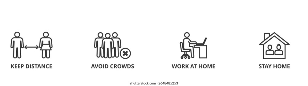 Social distancing banner web icon vector illustration concept with icon of keep distance, avoid crowds, work at home and stay home