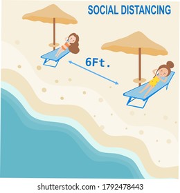 Social distancing at beach for safe from coronavirus.vector illustration 
