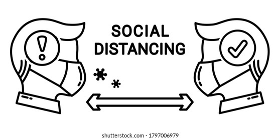 Social distancing because of virus  linear icon concept men with face masks