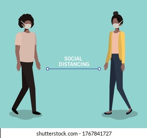 Social distancing between boy and girl with masks design of Covid 19 virus theme Vector illustration