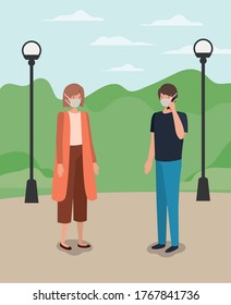 Social distancing between boy and girl with masks at park design of Covid 19 virus theme Vector illustration