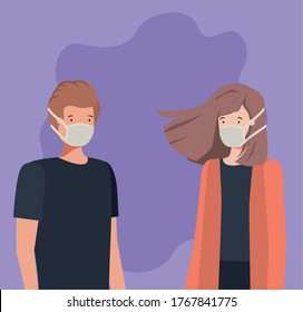 Social distancing between boy and girl with masks design of Covid 19 virus theme Vector illustration