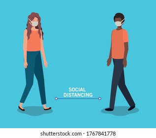 Social distancing between boy and girl with masks design of Covid 19 virus theme Vector illustration