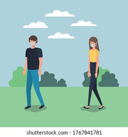 Social distancing between boy and girl with masks at park design of Covid 19 virus theme Vector illustration