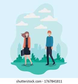 Social distancing between boy and girl with masks at park design of Covid 19 virus theme Vector illustration