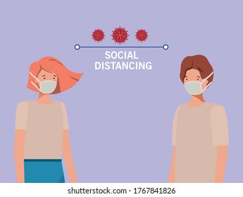 Social distancing between boy and girl with masks design of Covid 19 virus theme Vector illustration