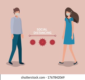 Social distancing between boy and girl with masks design of Covid 19 virus theme Vector illustration