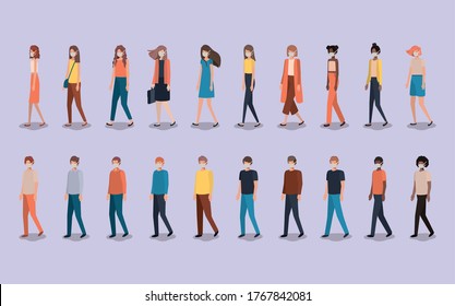 Social distancing between boys and girls with masks design of Covid 19 virus theme Vector illustration